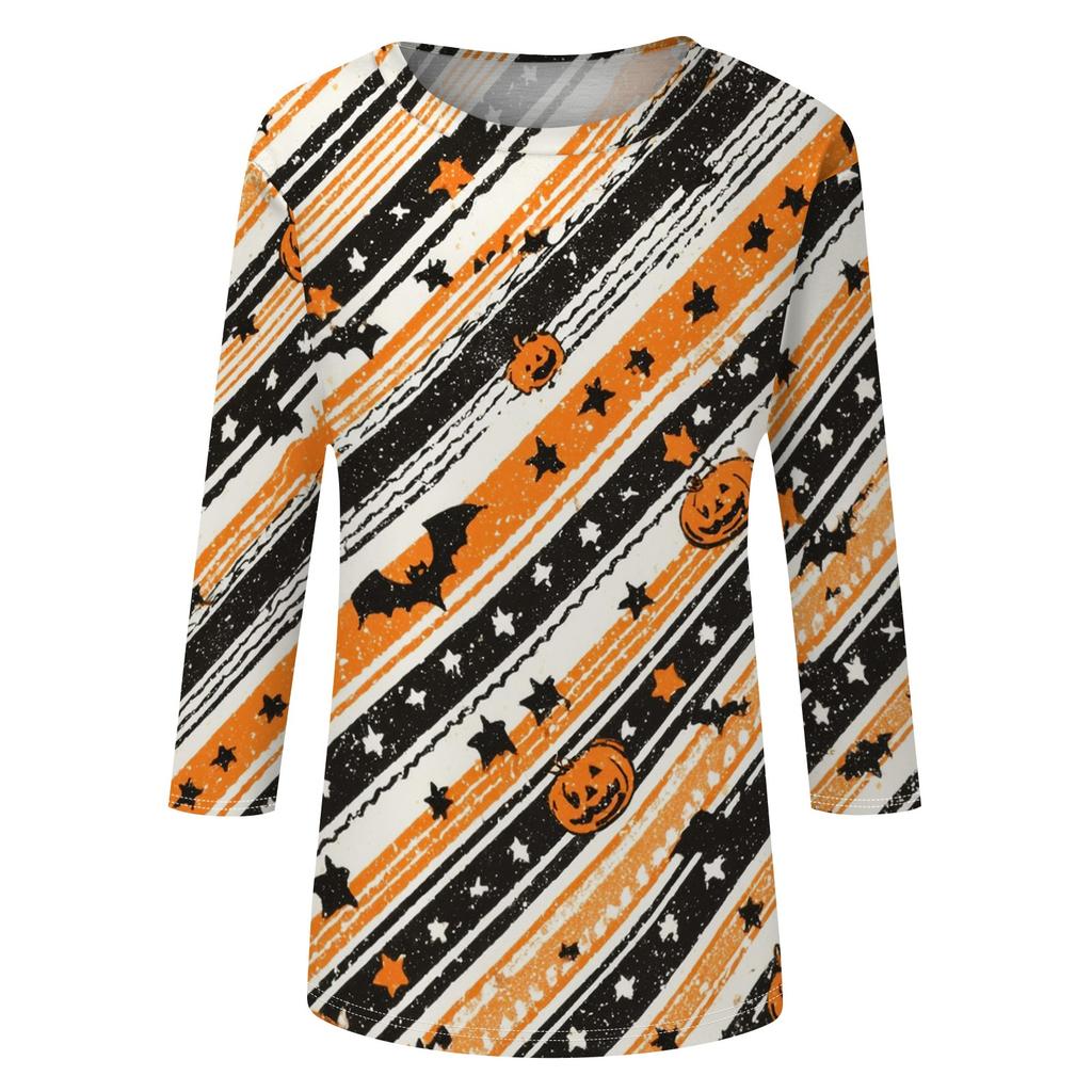 Women's Casual Halloween Print Pullover Top Three Quarter Sleeve Round Neck Shirt Lightweight Comfortable Fabric