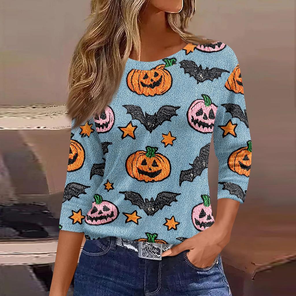 Women's Casual Loose Fit Three Quarter Sleeve Shirt Round Neck Halloween Print T-Shirt Lightweight Comfortable Top