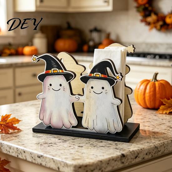 Cute Desktop Storage Box Halloween Wooden Napkin Holder, Pastel Pumpkin Ghost Black Cat Tabletop Tissue Dispenser, Waterproof Party Table Decor