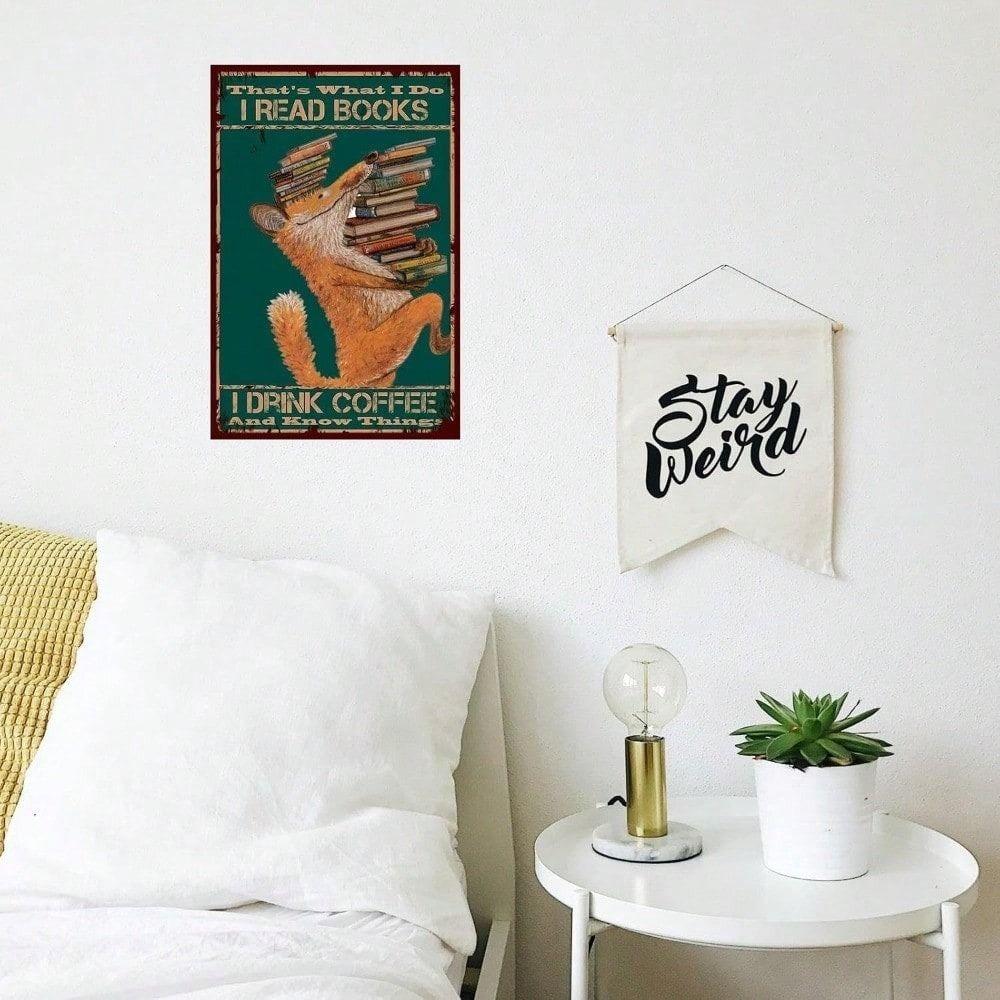 Vintage Metallposter Wandkunst, Geschenk für Kaffee- und Buchliebhaber, Rustikales Blechschild für Bibliotheks-Heimdekoration