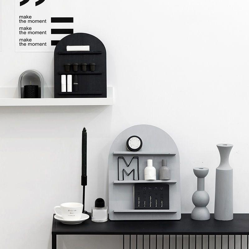 1PC Bathroom Shelf Neutral Tones Home Decor Cool-Toned Arch-Shaped White Wooden Makeup Organizer Black Grey