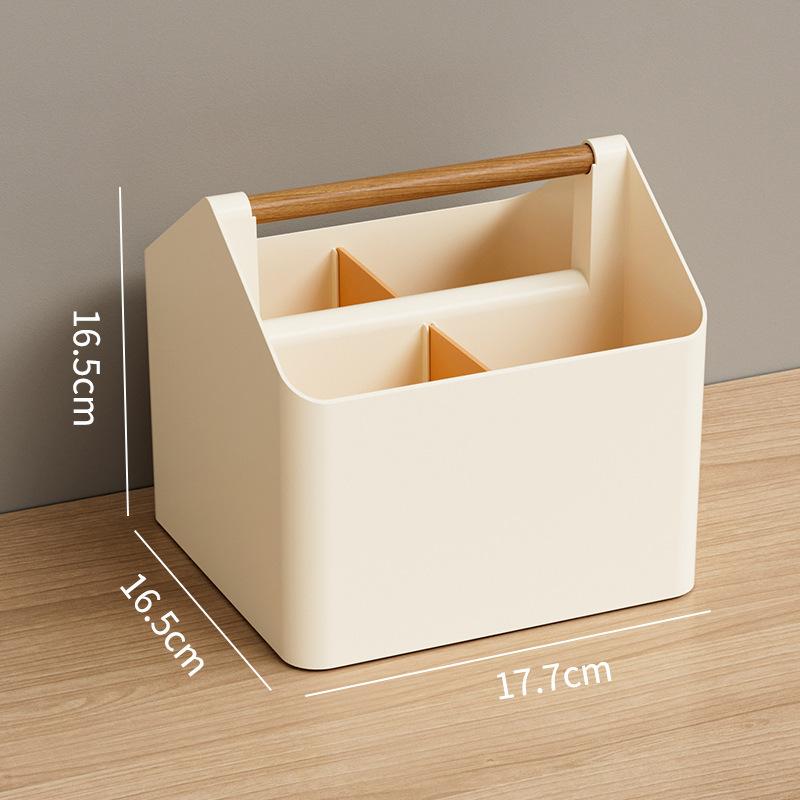 Desktop Storage Box with Wooden Handle Compartmentalized Organizer Portable Desk Caddy for Stationery Cosmetics Office Supplies