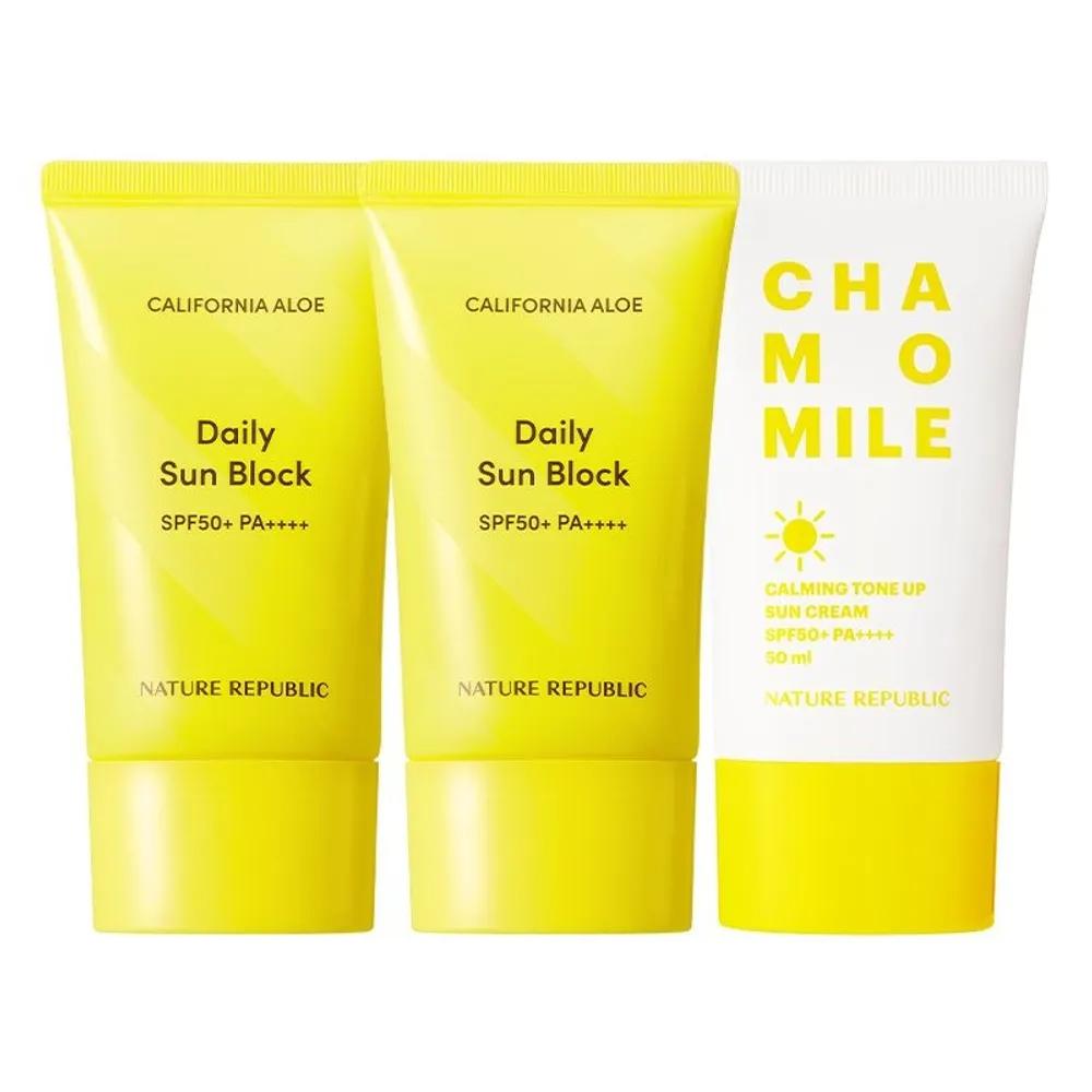 Выгодная цена 2000 вон 1+1 Nature Republic California Aloe Ежедневный солнцезащитный крем 57 мл + Успокаивающий солнцезащитный крем с ромашкой Tone-Up 50 мл