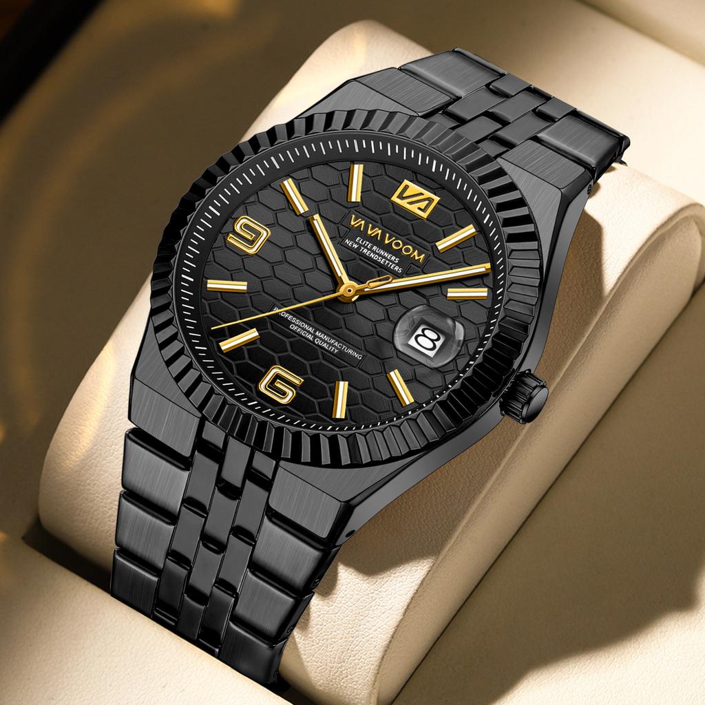 VA VA VOOM Men's Business Steel Belt Watch Honeycomb Texture Waterproof Luminous Watch High Value Calendar Watch