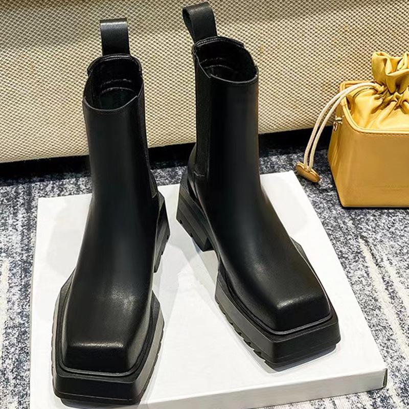 Leather Small Martin Boots Women's Inner Height Increasing Smoking Boots Thick-soled Square Head Thick Heel Versatile