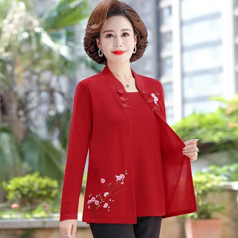 Damen Herbst Langarmshirt Mittleren Alters Mütter Strickerei Stickerei Einfarbig Gestricktes Freizeit-Top