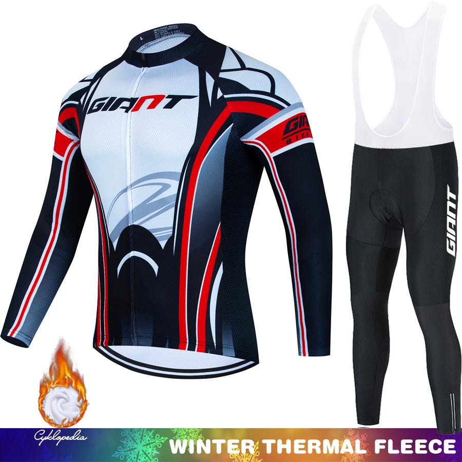 Retro Radtrikot Winter Fleece GIANT Fahrradkleidung Thermosuit Mann Herren Träger Sportbekleidung Set Outfit Termal Rennrad Räder