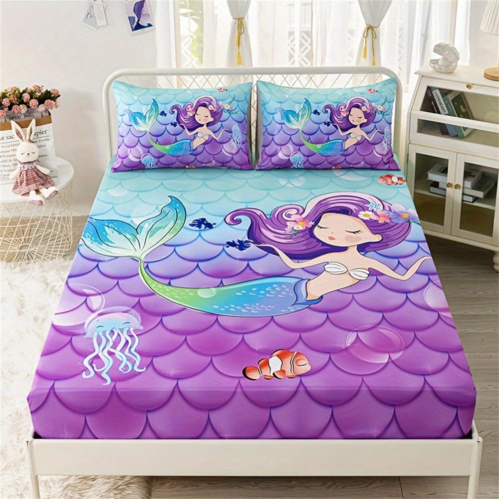 3pcs Cute Mermaid Ocean Printed Fitted Sheet, Soft Comfortable Bedding Set, For Bedroom, Guest Room 1*Fitted Sheet+2*Pillowcase