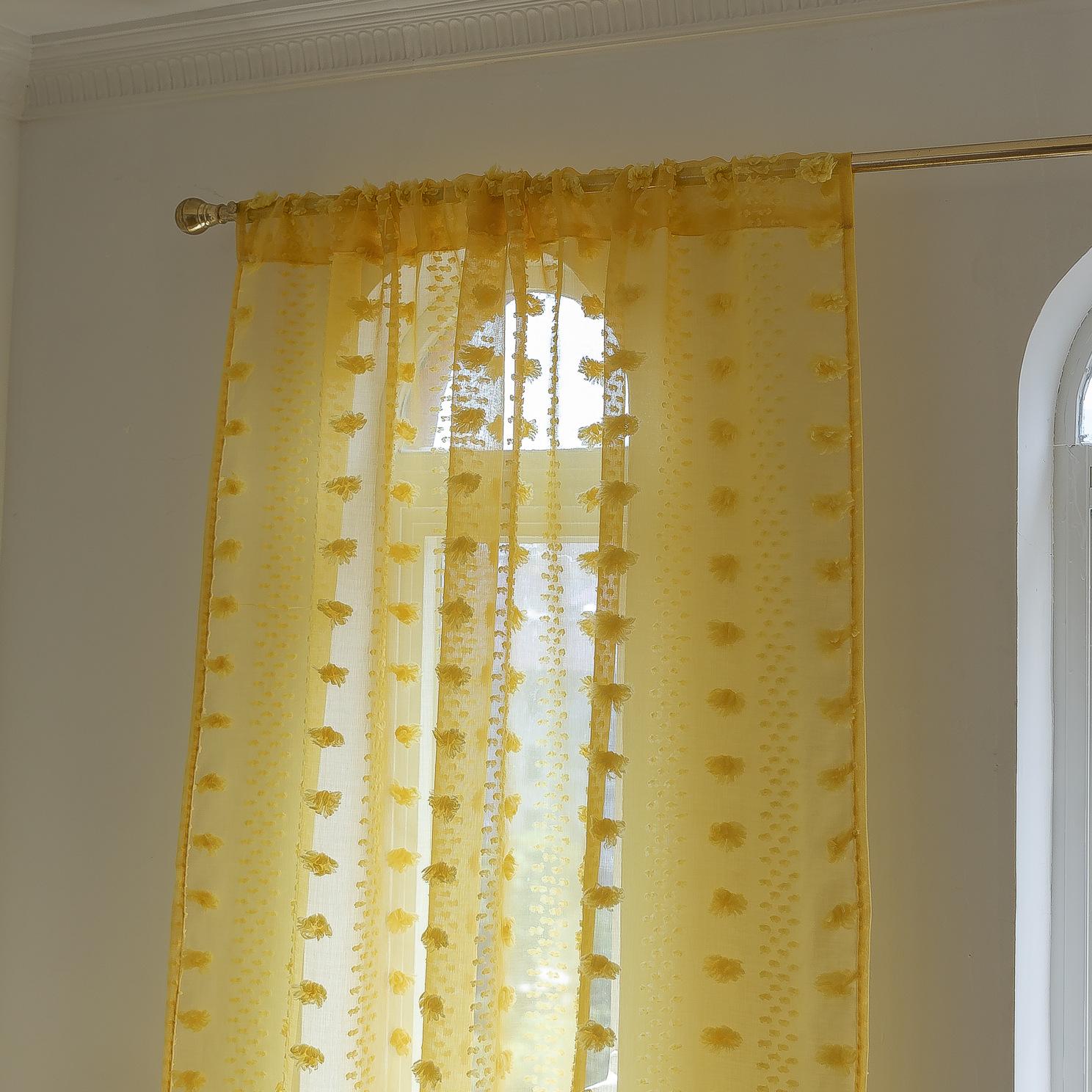 

Tufted Fur Balls Bohemian White Curtains Embroidered Flowers Moroccan Living Room Bedroom Translucent Curtains Height 120 * 140 W