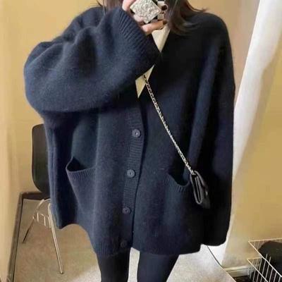 2024 Autumn Winter Women Cardigan Sweater Blue Knitted Tops Buttoned Up Elegant V-neck Knitted Sweater Cardigan
