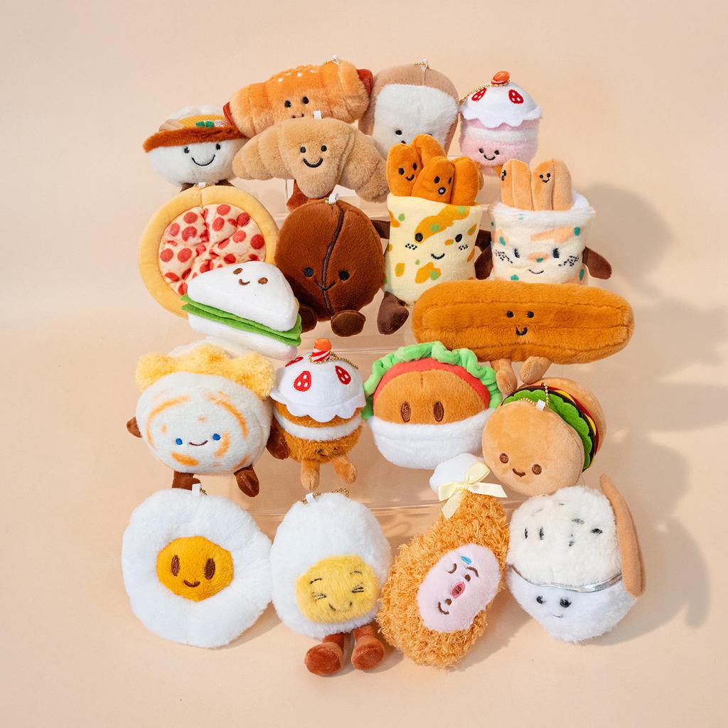 Cute Creative Plush Food Hanging Ornament Pancake Egg Noodles Burger Croissant Keychain Short Plush Toy Cartoon Style
