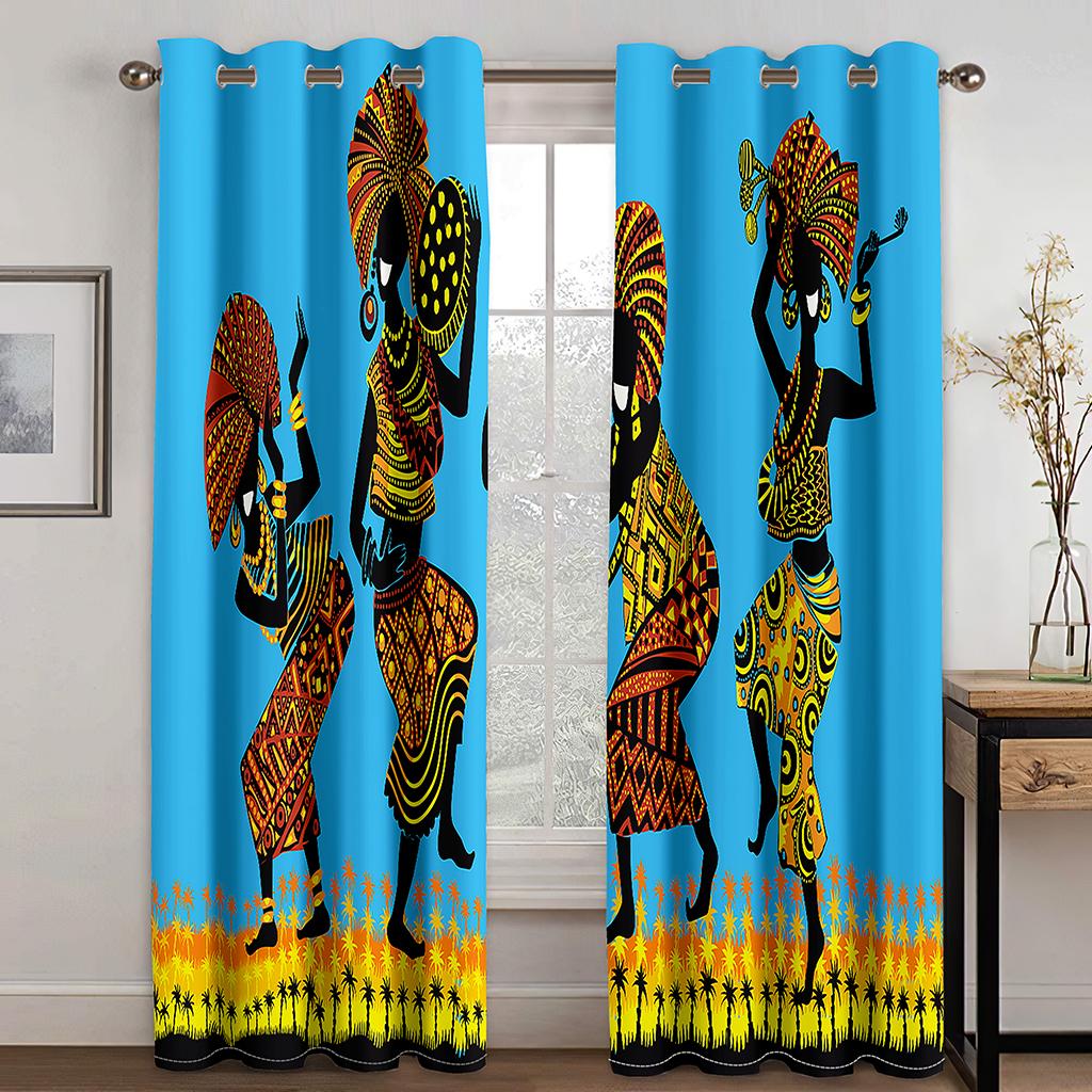 2pcs Seamless Ethnic Pattern African Fabric Print Aztec Design Pod Pocket Curtain For Living Room Bedroom Dining Room Kitchen
