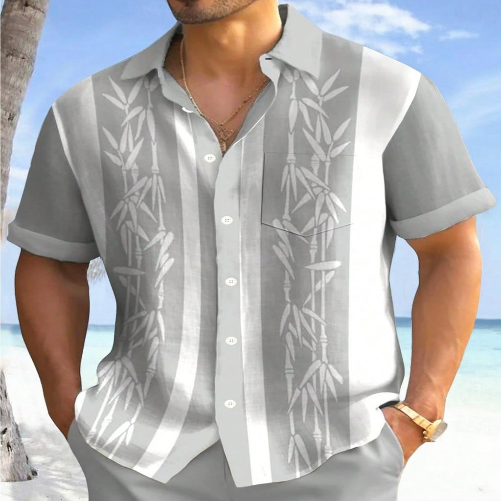 Men's Bamboo Print Short Sleeve Shirt, Lapel Button-down with Pocket, Breathable Casual Top for Vacation & Daily Wear
