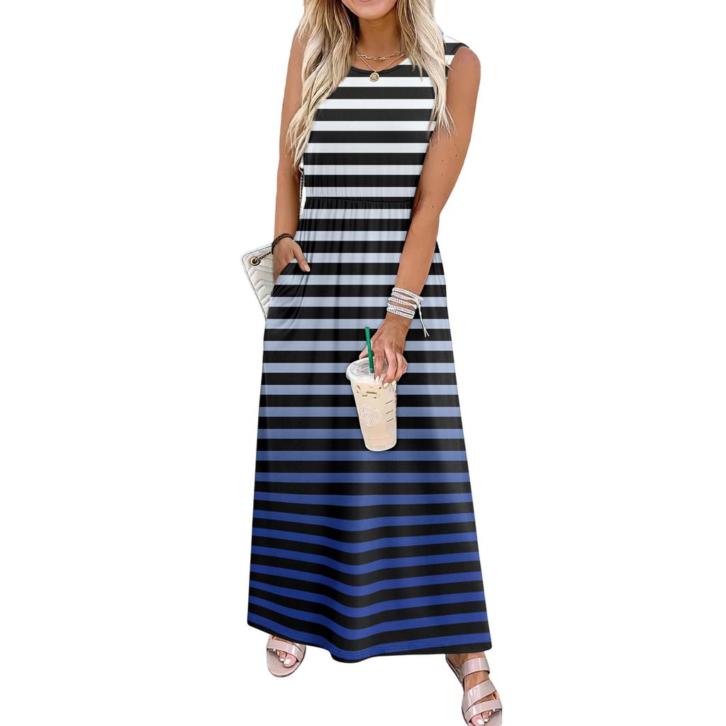 Ladies' striped printed casual and fashionable waist cinched sleeveless dress