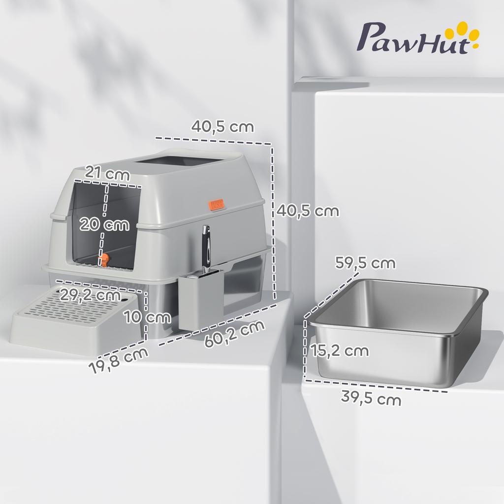 Covered Stainless Steel Cat Litter Box with Exit Step and Stainless Steel Scoop Light Grey