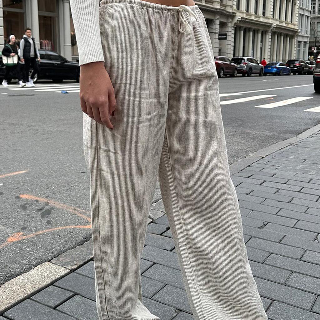 Women's Stripe Print Pants Drawstring Low Rise Straight Leg Trousers Sleep Bottoms