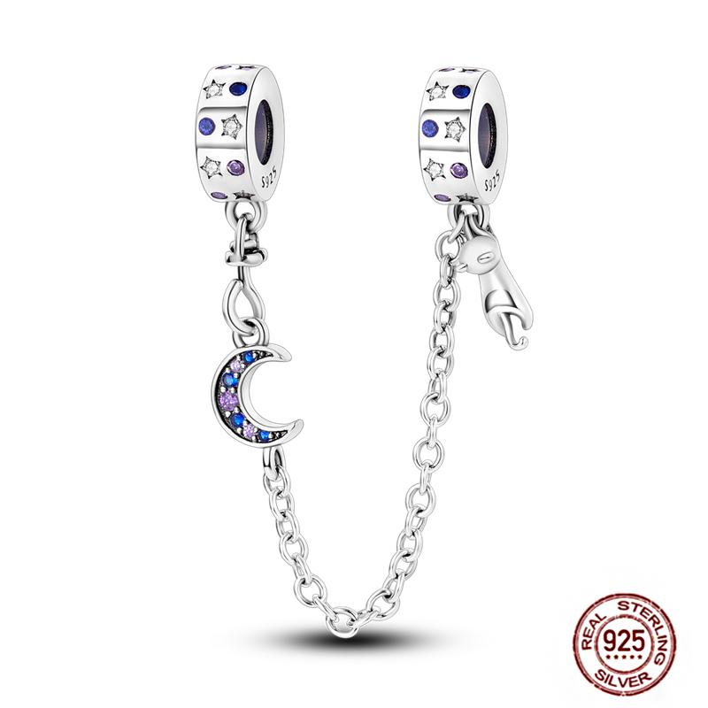 Star Moon Slide Safety Chains Charms 925 Sterling copper Heart Evil eyes Silicone Spacer Beads Fit Original Bracelet DIY Zircon
