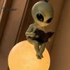 Alien Moon Statue Reading on Hanging Lamp, Resin Bookshelf Light, Astronomy Theme Decor Warm LED Night Light for Patio Garden Window Indoor Outdoor