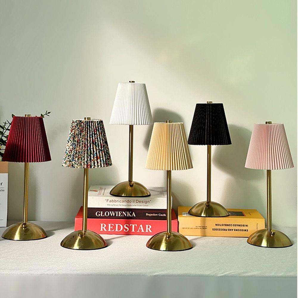 Fabric Shade Pleated Desk Lamp Metal Base LED Night Light Modern Design Touch Bedside Lamp Bar