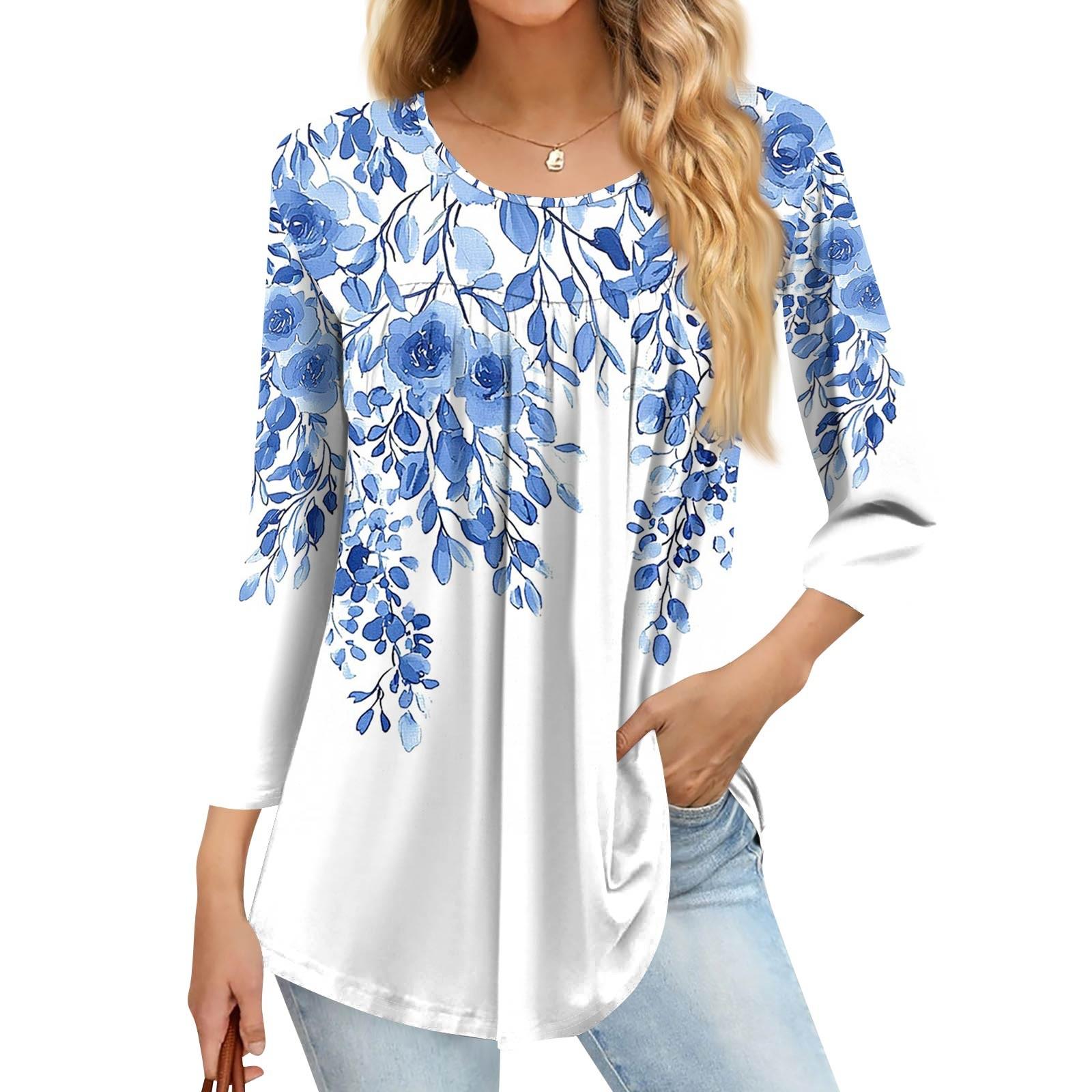 Women s Fashion Casual Three-quarter Sleeve Printed Round Neck Top S синий