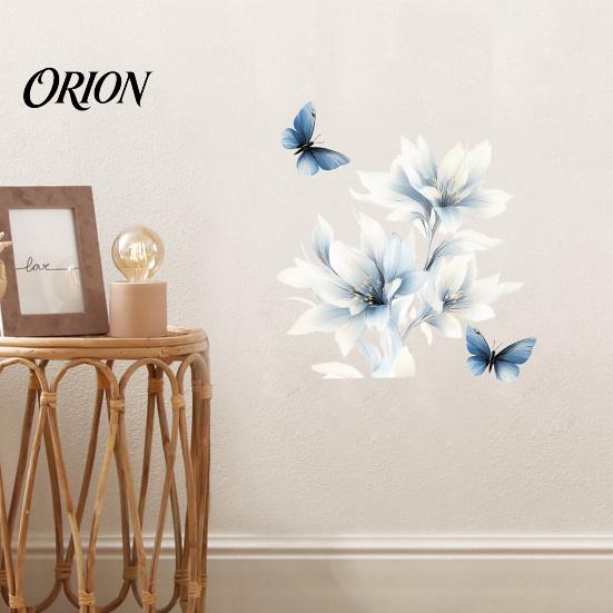 Translucent Floral Stickers for Windows Ink-Washed Blue Wall with Butterflies, Delicate Lily Peel And Stick Durable Outdoor Balcony Decals Living Room