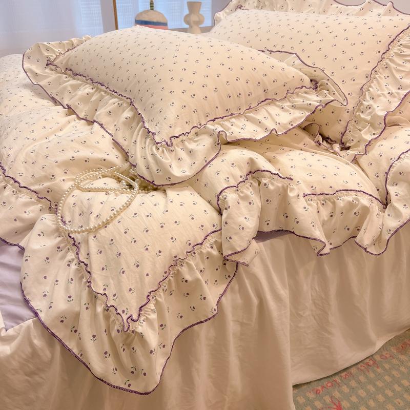 3/4Pc Korean Princess Style Floral Ruffles Bedding Set Single Queen Size Soft Skin-friendly Washed Cotton Duvet Cover Pillowcase