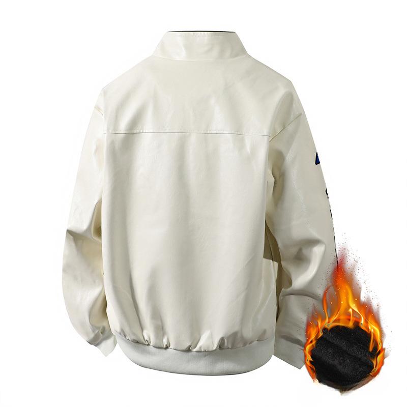 Autumn Winter Leather Jacket Fleece Motorcycle PU Leahter Jackets Embroidery Pattern Turndown Collar Black Windbreaker