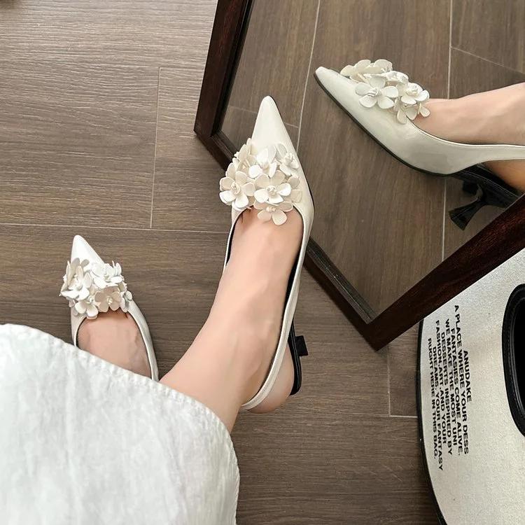 Fashion Woman Spring Beautiful Slingbacks Pumps Sexy Pointed Toe Flower High Heels Wedding Party Female Patent Leather Shallow Sandals