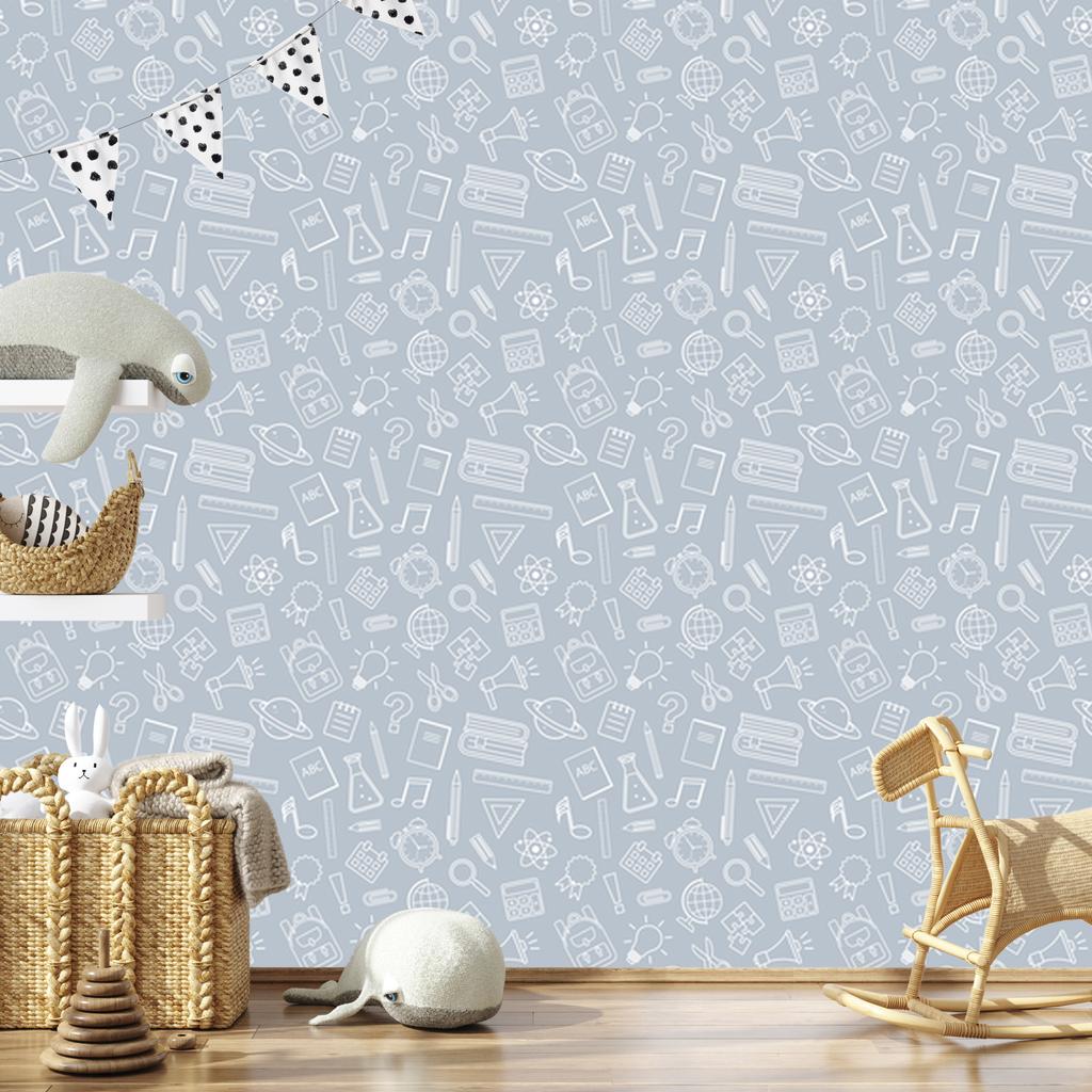 School Supplies Wallpaper Light Gray and White for Living Room and Bedroom 50x1000