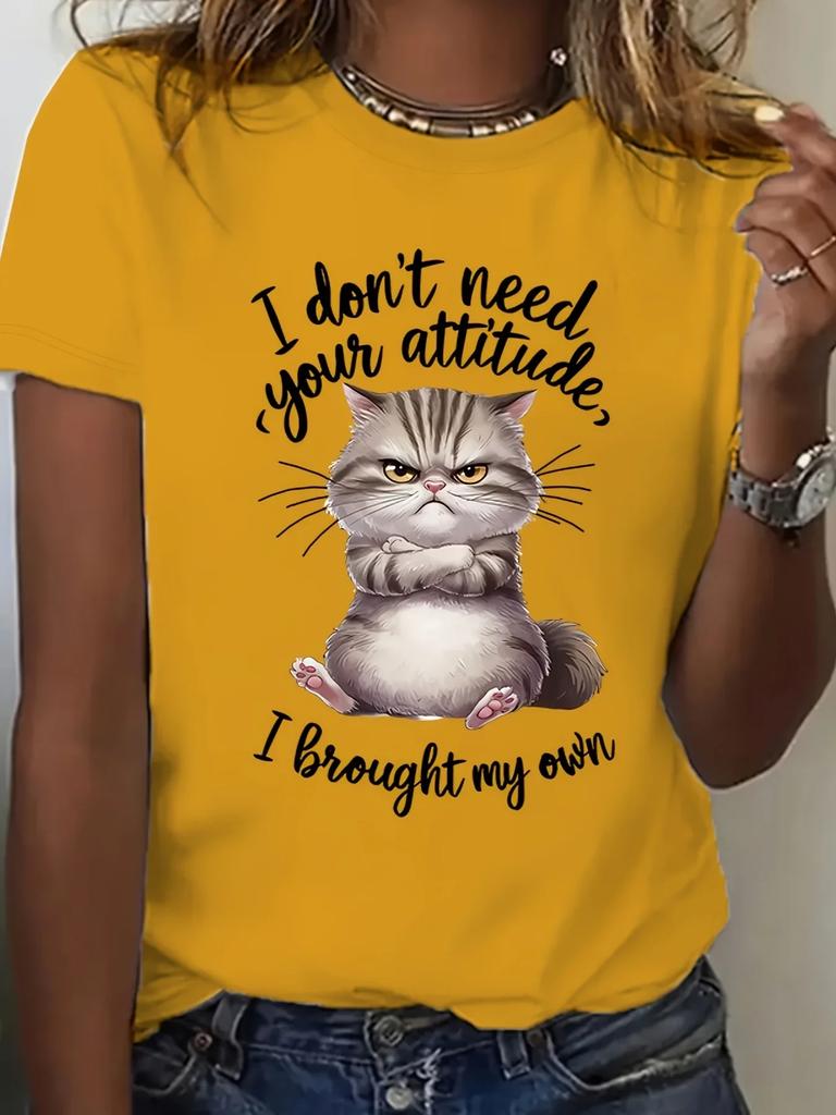 TXWomenS I Dont Need Your Attitude I Have My Own Funny Cat Graphic T-Shirt Crew Neck Short Sleeve Tee Cartoon Print Cat Shirt