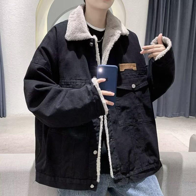 Jeansjacke Herren Sherpa Herbst und Winter Plus Samt Verdickt Warme Baumwolljacke Locker und Schön Koreanischer Stil Trendige Partnerjacke