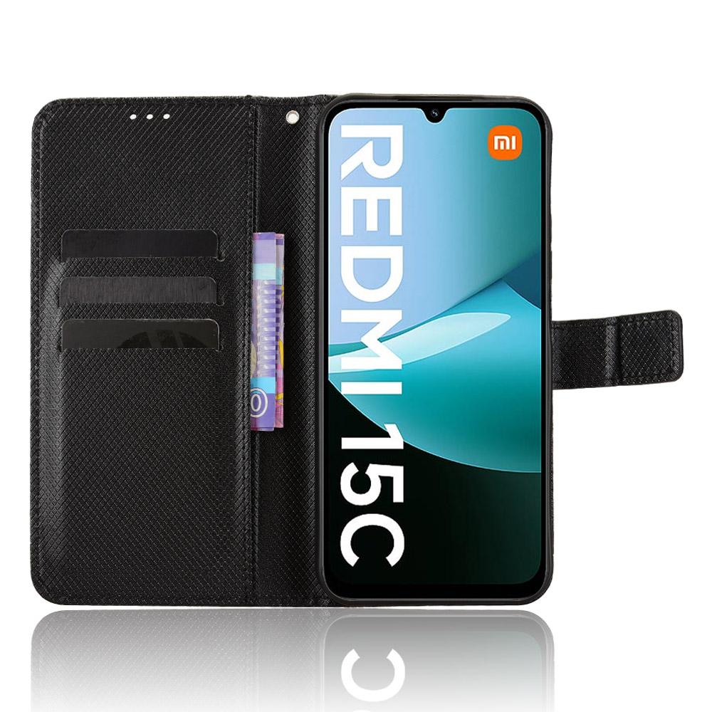 For Xiaomi Redmi 15C 4G (171mm) Leather Wallet Case with Strap Diamond Texture Phone Cover