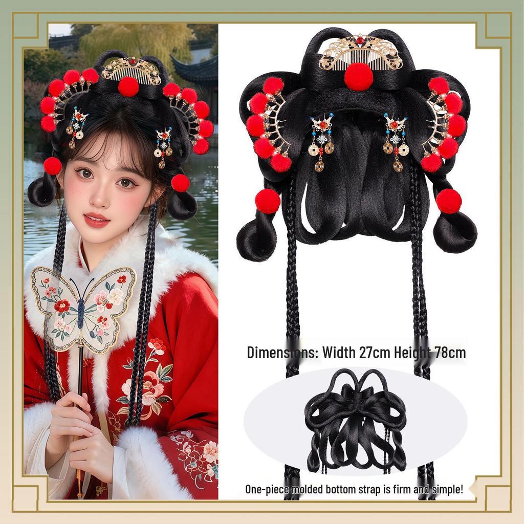 Herbst/Winter Hanfu Perücke und Pompon Stirnband Haaraccessoires Set
