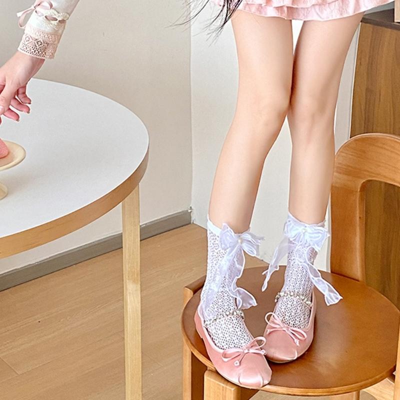 Japanese Style Fishnet Patterned Long Tube Socks for Women Girls Cute Pearl Bowknot Hollowed Out Mesh Over Calf Socks