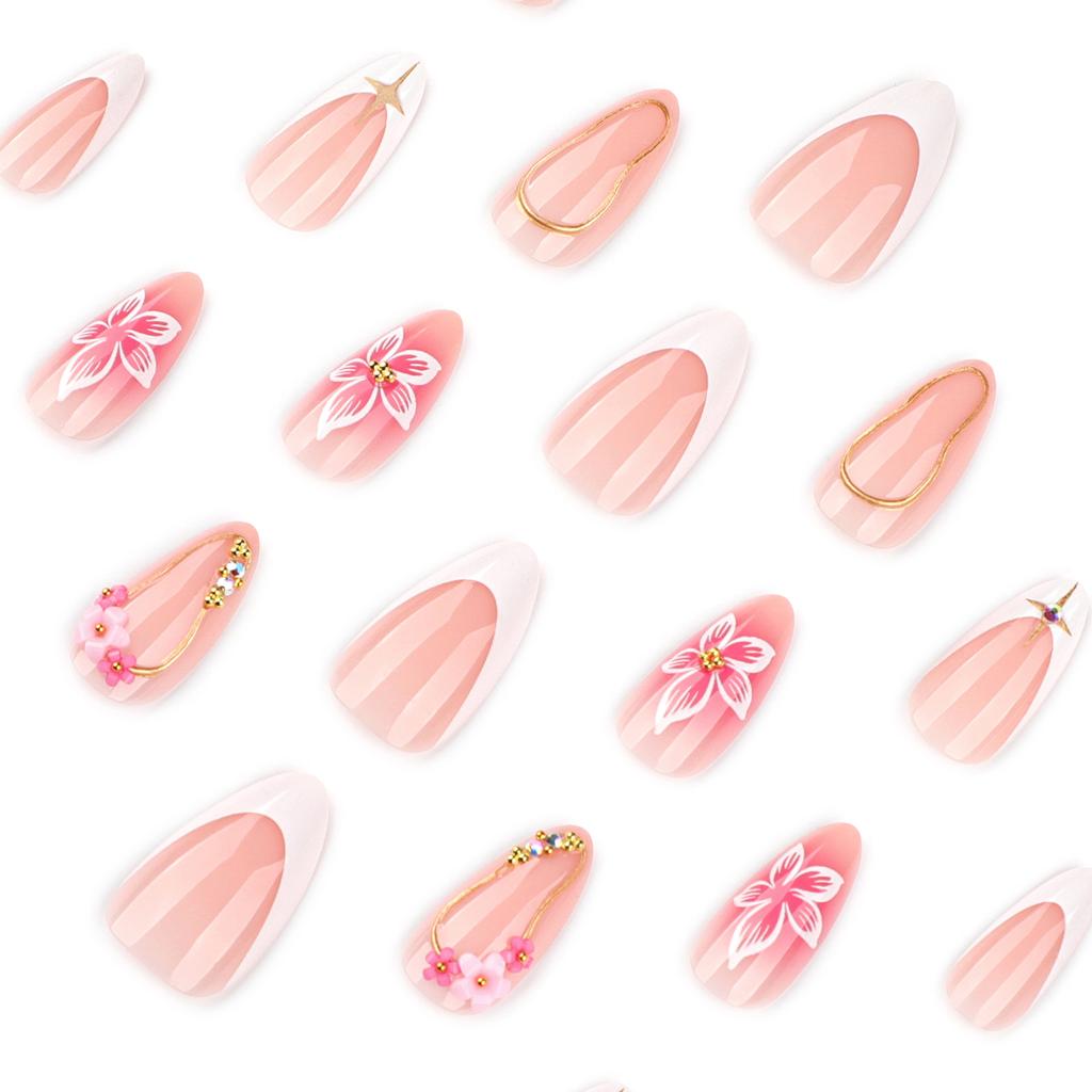 3D three-dimensional hot-selling French white wearing nail simple flower manicure fake nail short almond nail piece