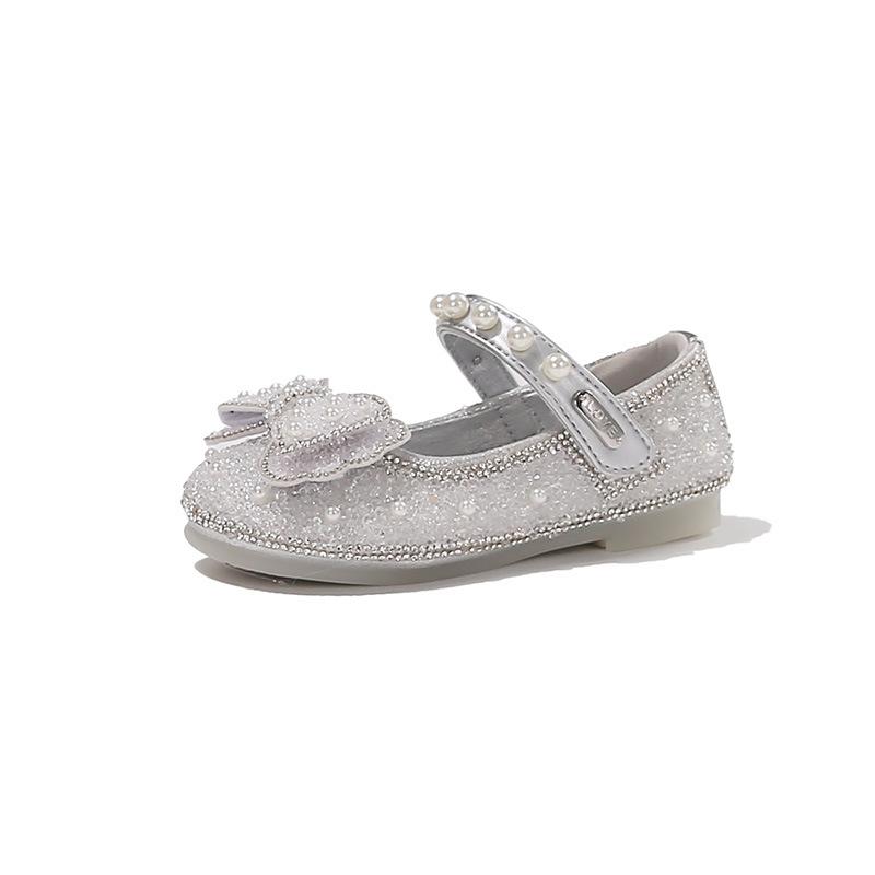 Girls' Crystal Princess Shoes2026Summer new style pearl and rhinestone bow children's leather shoes, solid color performance shoes