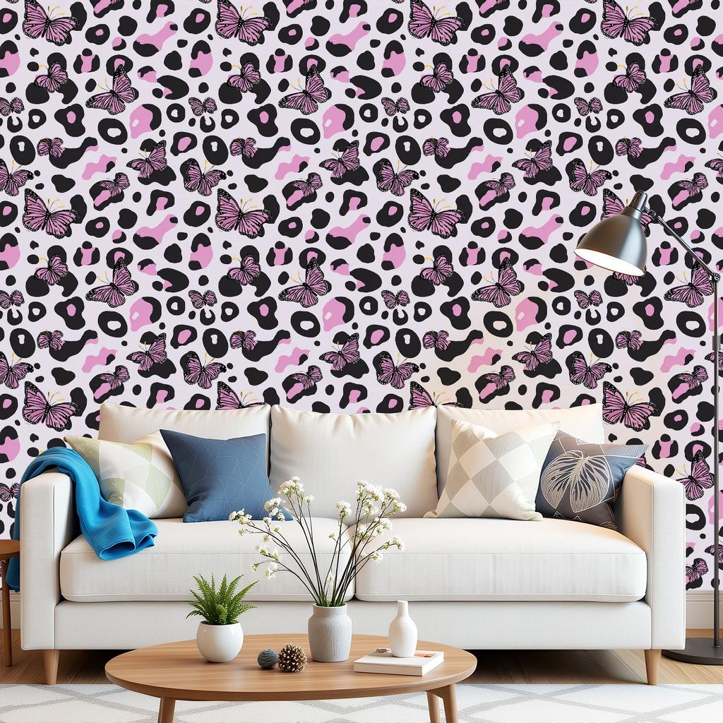 Pink Butterflies Leopard Print Wallpaper 22.83"X118" Waterproof Wallpaper for Living Room/Bedroom/Bathroom PVC Wall Sticker