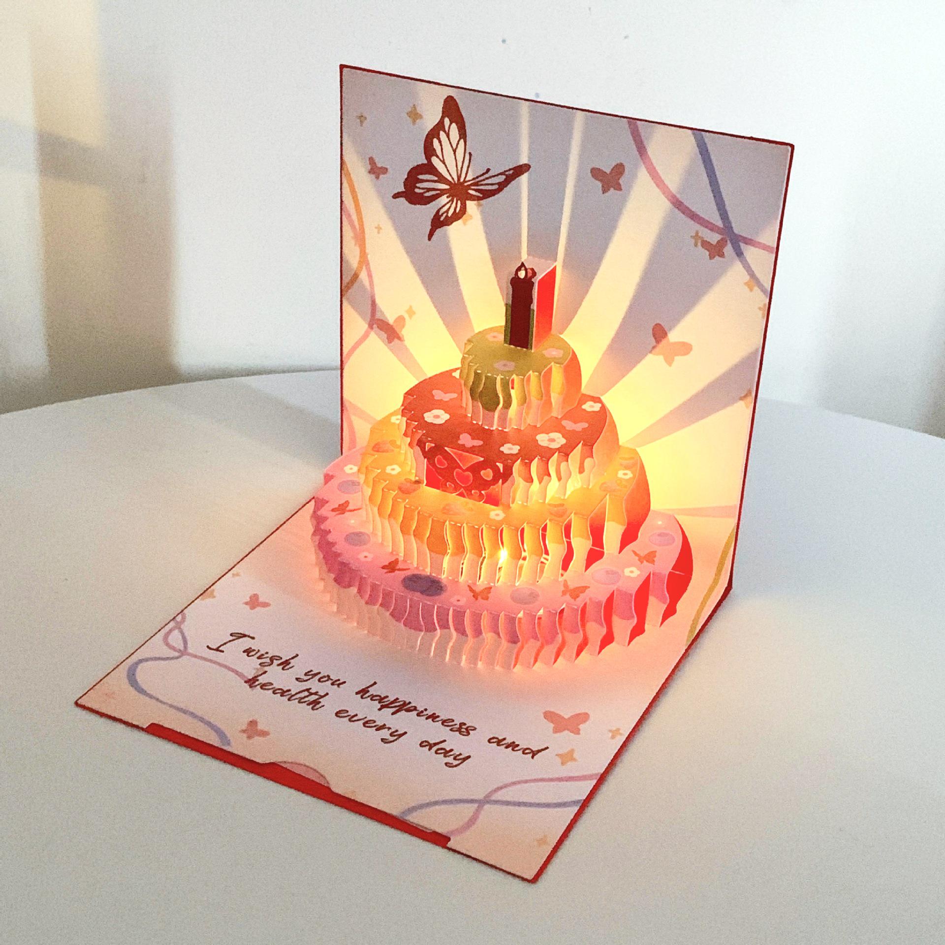3D Cartoon Butterfly Cake Music Lights Greeting Card - Creative Birthday Gift