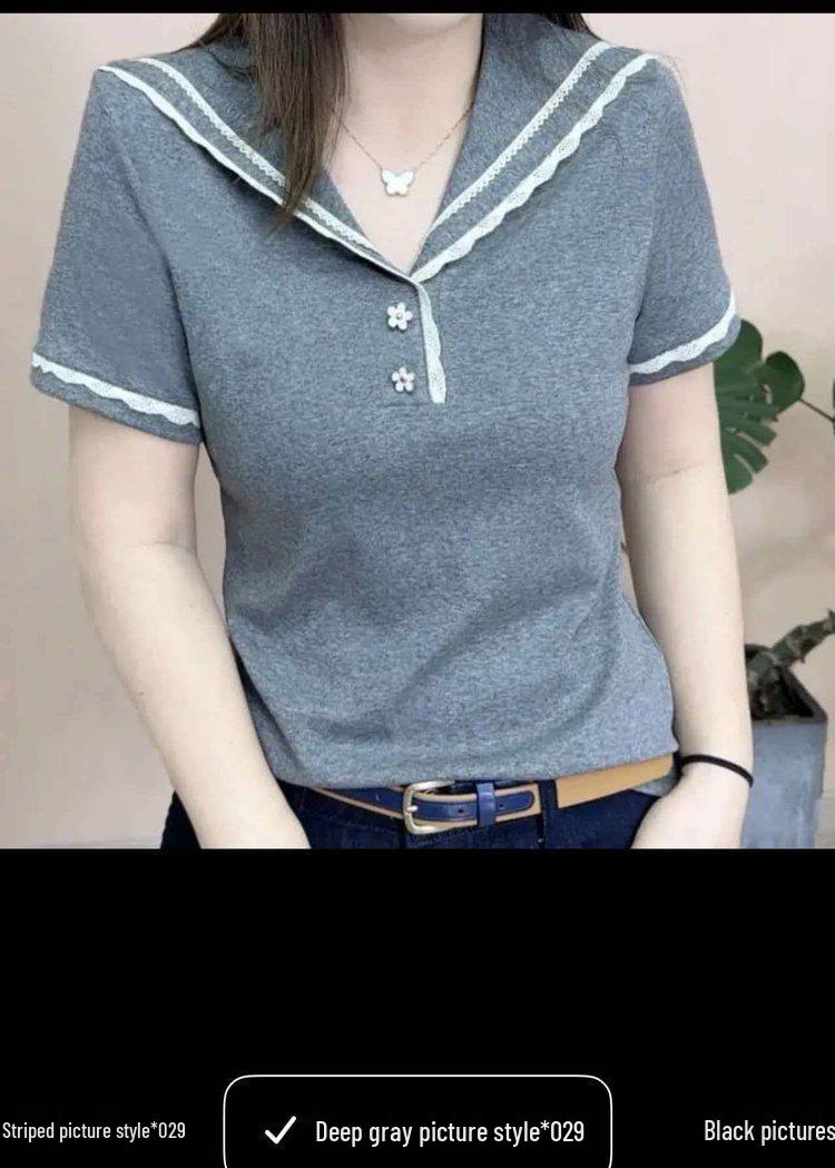 

2026 Summer Stylish Navy Collar Women s T-shirt - Short Sleeve, Flattering, Age-Defying, Versatile Top 2XL (120-130 Jin recommended)
