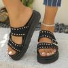 Spot cross-border large-size flat-bottomed slippers summer new wide strip buckle with rivets European and American cool slippers women