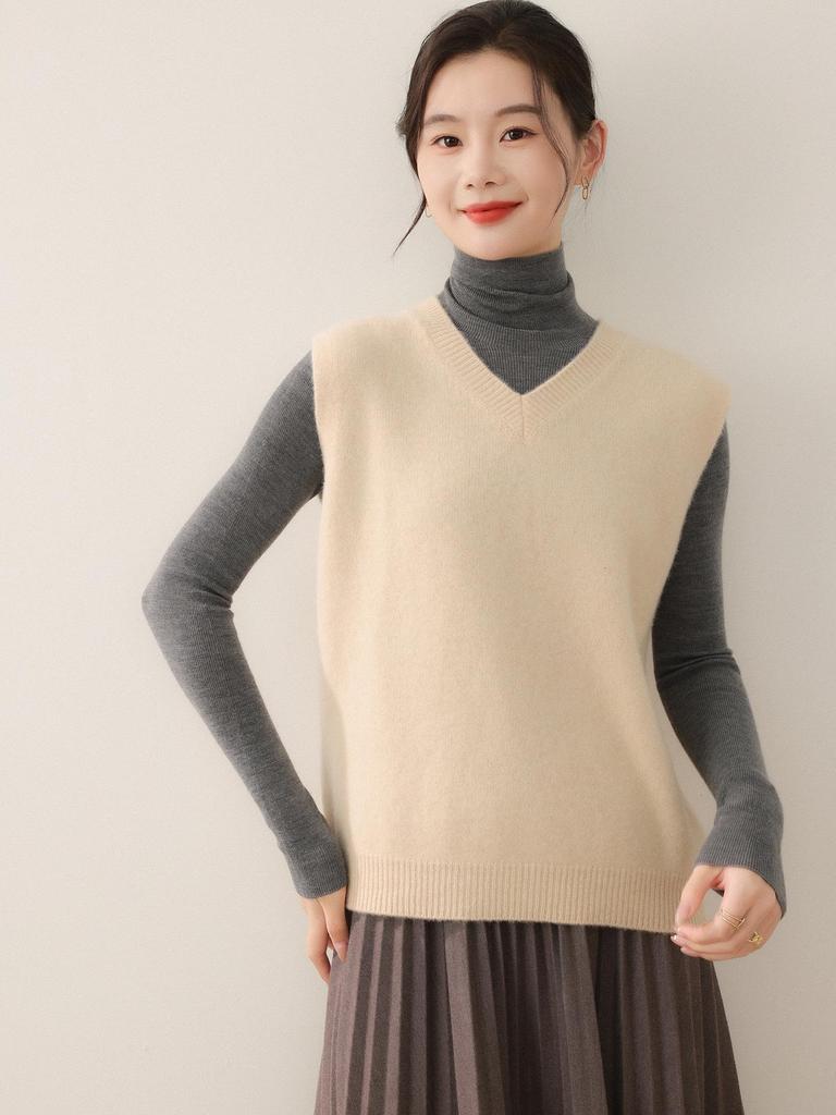 2025 A/W Women's V-Neck Cashmere Shawl Vest - Sleeveless Knit Outerwear for Layering