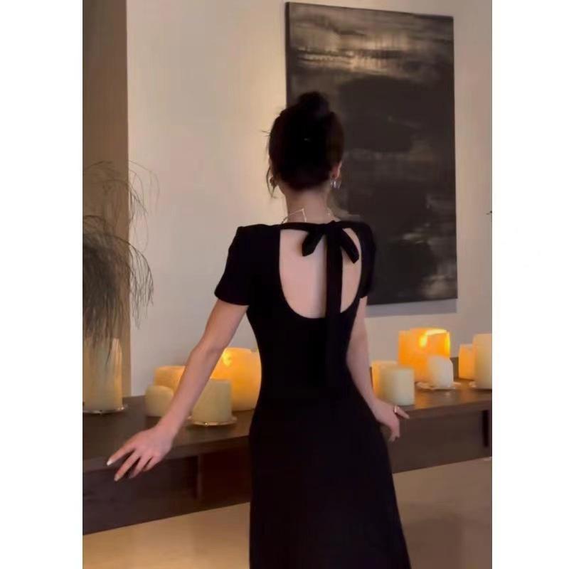 French Retro Hepburn Black Halter Dress, Summer Slim-fitting Waist and Thin Dress