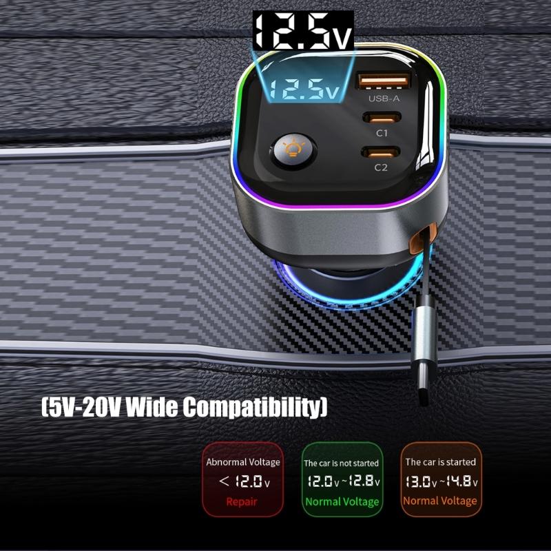 High Power Car Charger PD65W Retractable USB C Cable with 18W USB A /Type C Port Voltages Display Intelligent Protections