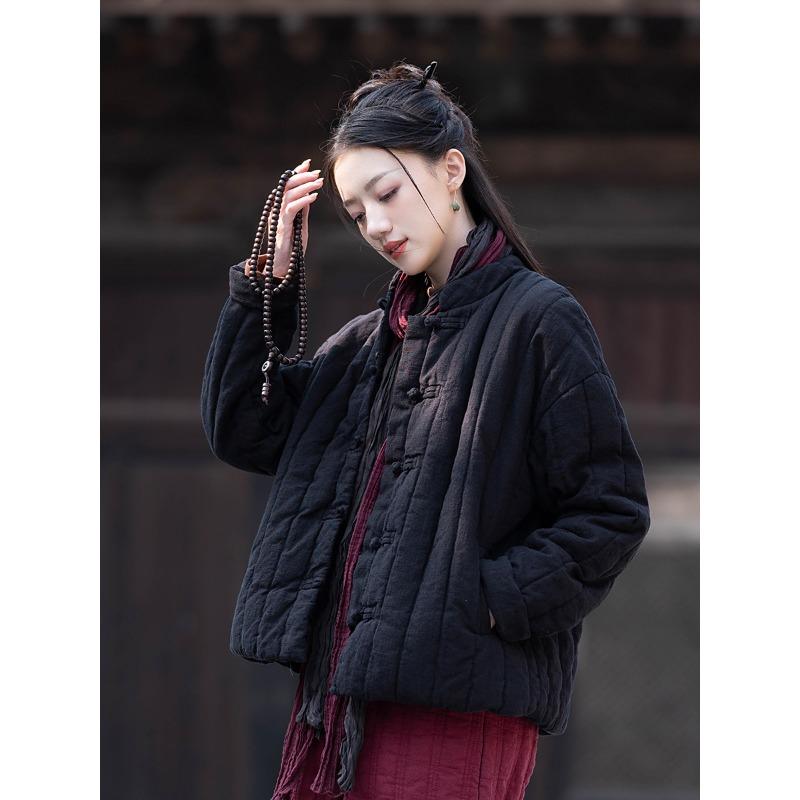 25 winter cotton and linen women's new Chinese retro quilted short cotton clothes women's zen thickened linen cotton-padded clothes