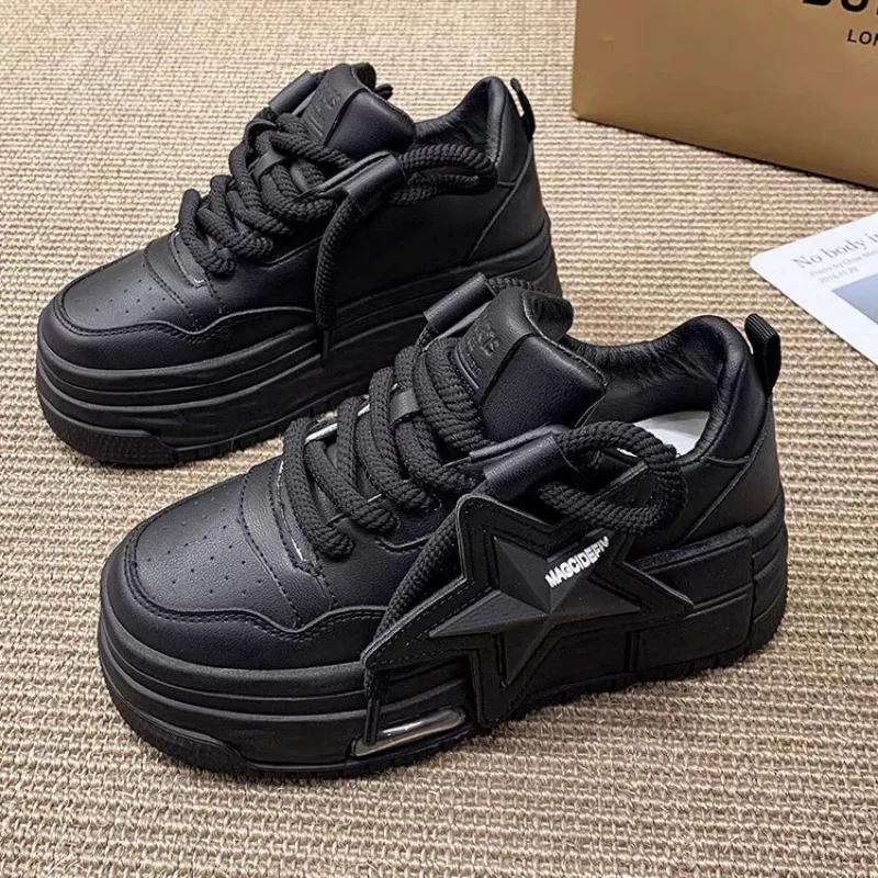 Pink Women Leather Flat Shoes Spring Autumn Chunky Increased Woman Casual Sneakers Fashion Lace-up Vulcanized Shoe Zapatos Mujer