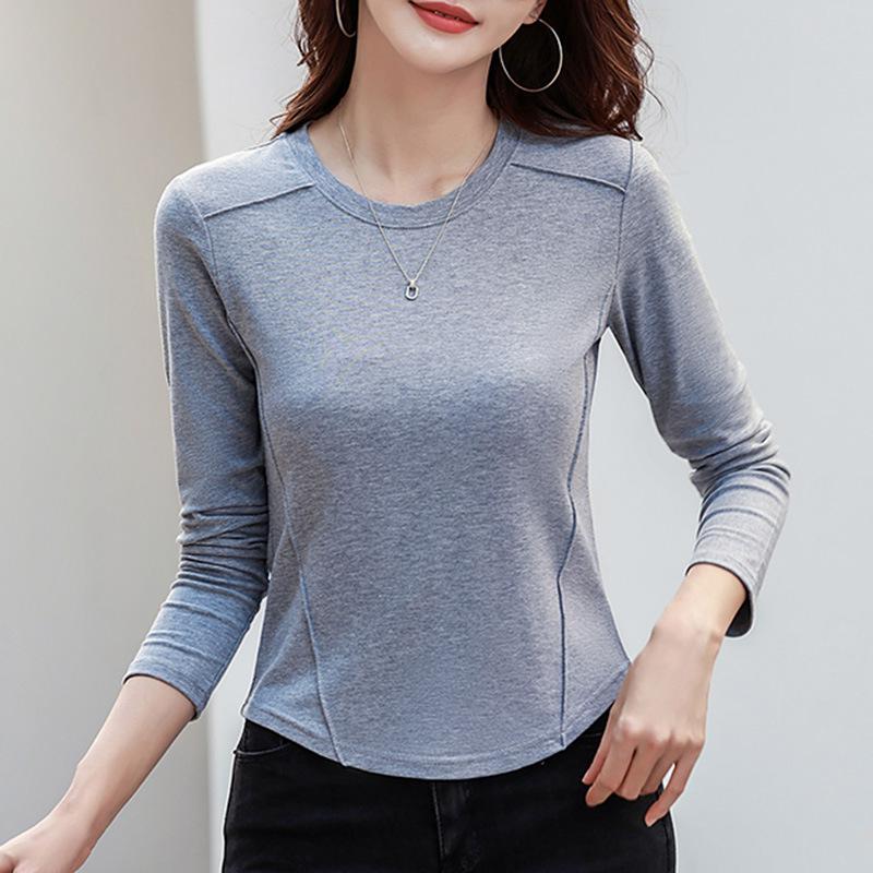 

423 Женский топ с длинным рукавом, в полоску, приталенный, пэчворк, с круглым вырезом, базовый слой - эластичная верхняя одежда для осеннего тепла 3XL серый