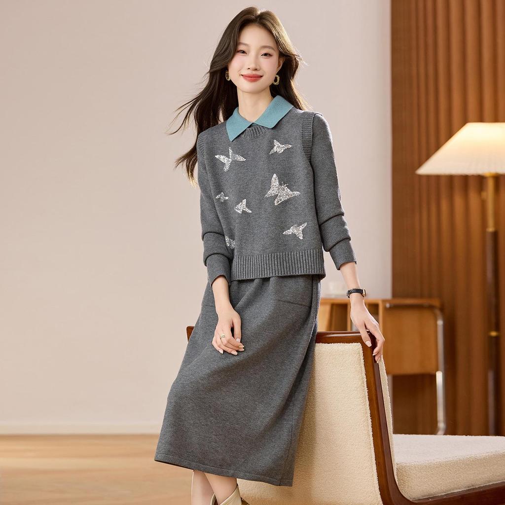 Damski dzianinowy zestaw dwuczęściowy: Kamizelka z okrągłym dekoltem i kardigan o średniej długości z długim rękawem Sukienka wełniana