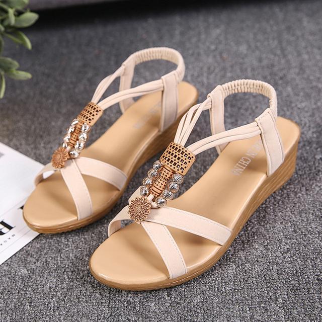 

Богемные сандалии Rimocy на танкетке, женские летние римские туфли с ремешком на щиколотке и бусинами, женская повседневная пляжная обувь на среднем каблуке, пляжные сандалии Mujer 40 бежевый