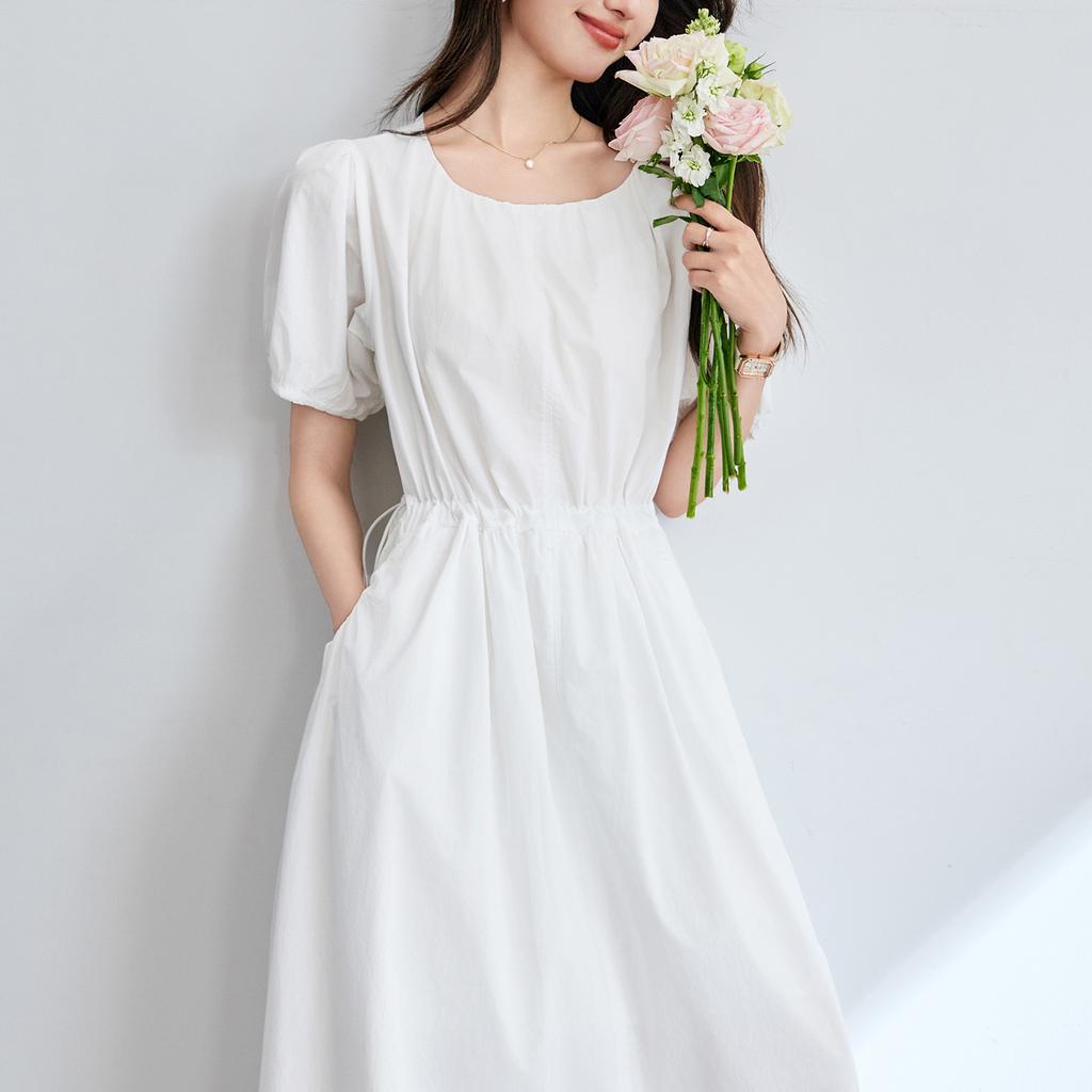 Short-sleeved Dress Women's Summer New French Design Feeling Pleated Lace-up Waist Skirt