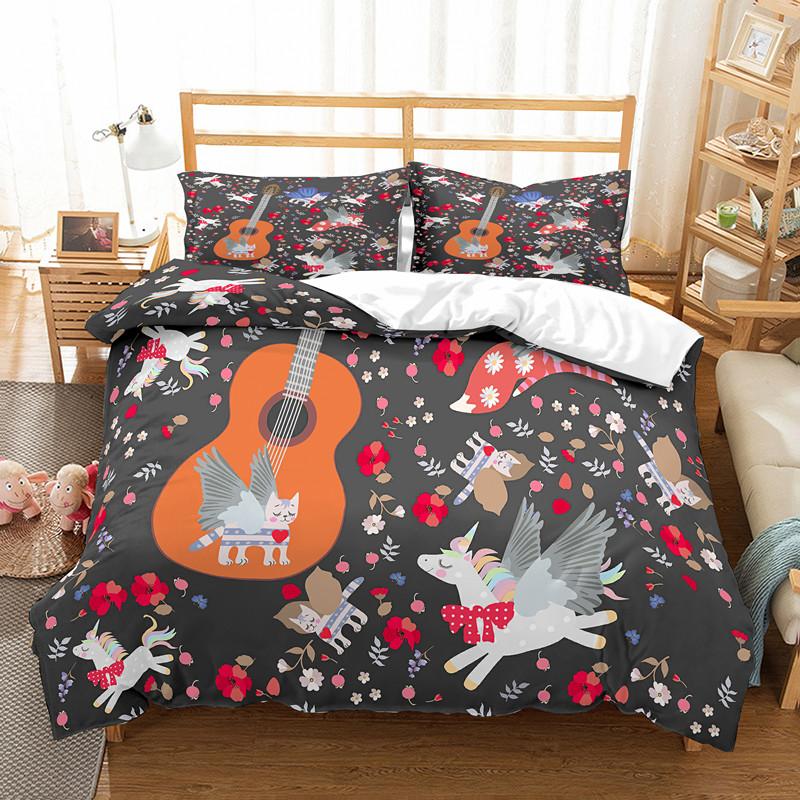 Cat Flowers King Queen Duvet Cover Cartoon Kitty Floral Bedding Set For Kids Lovely Animals Black 2/3pcs Polyester Quilt Cover